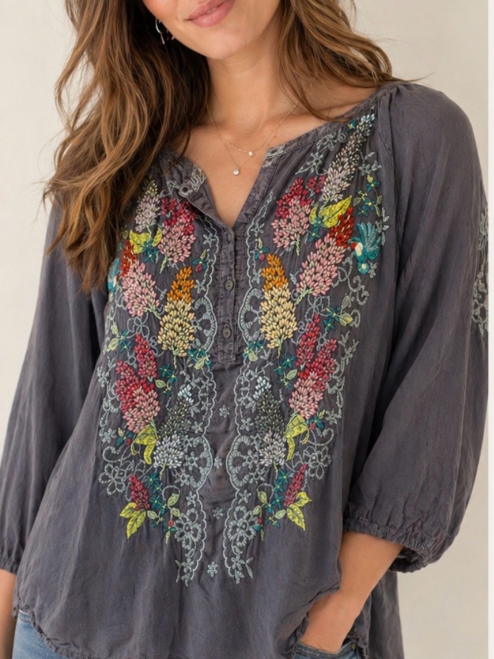 Johnny Was Embroidered Peasant Top in Charcoal with Multicolor Floral Detail